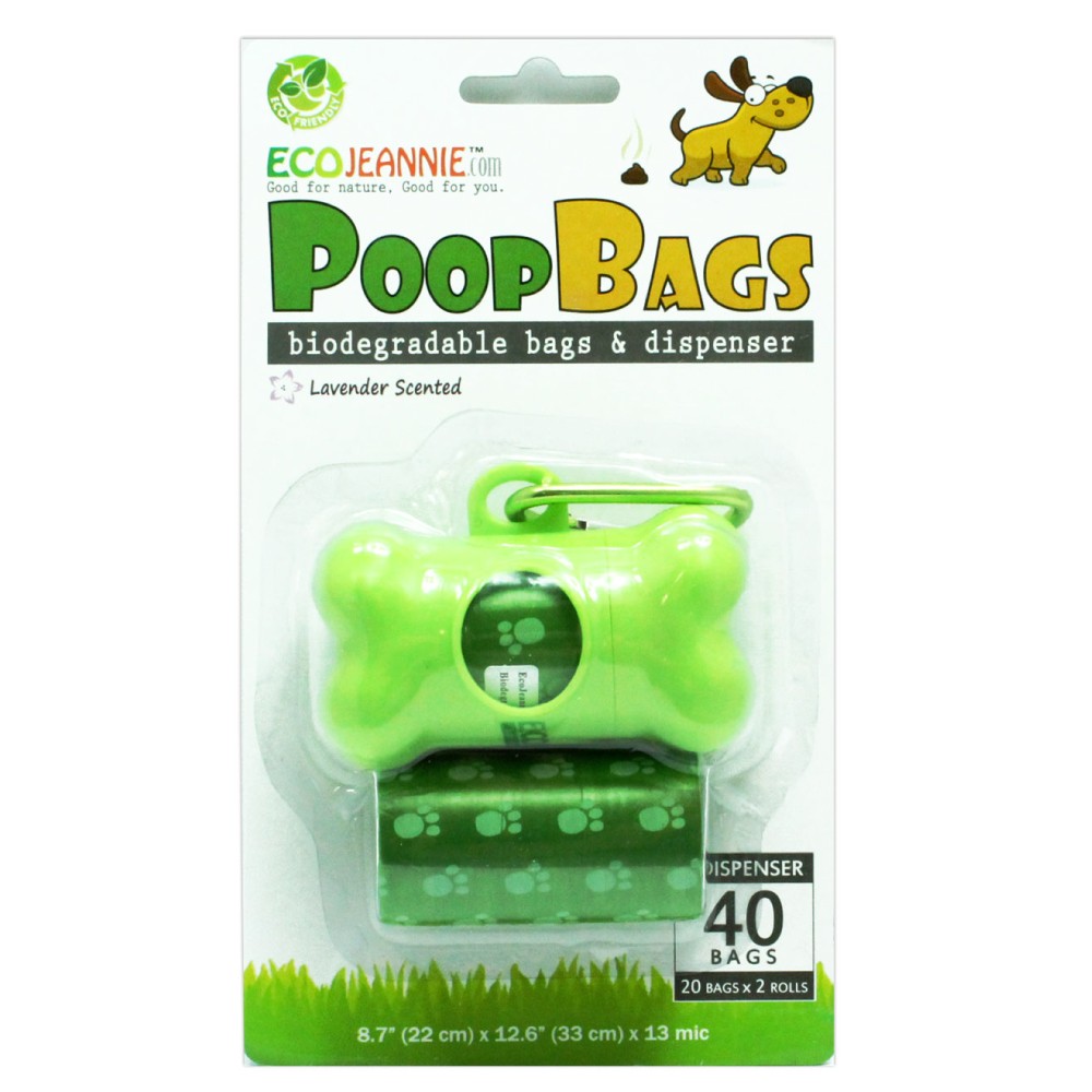 EcoJeannie Biodegradable Dog Poop Waste Bags with Dog Poop Bag Dispenser, Lavender Scented (40-Count)