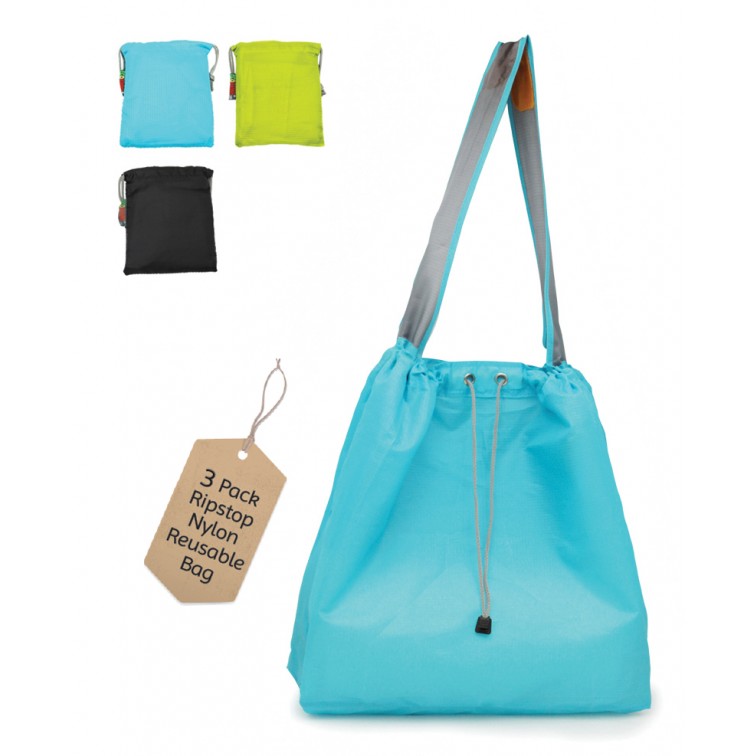 EcoJeannie New Ripstop Nylon Reusable Shopping Tote Bag, 3 Packs