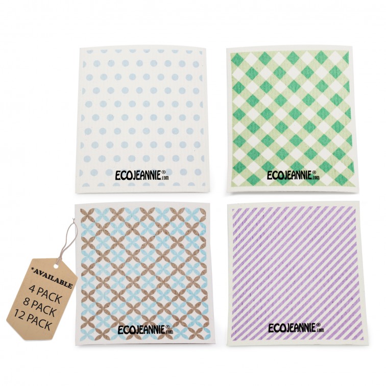 EcoJeannie Eco-Friendly Cleaning Cloth 100% Biodegradable Cellulose Sponge Cloths, Kitchen Cloths, GMO Free - (Avail. 4, 8, 12 Packs)