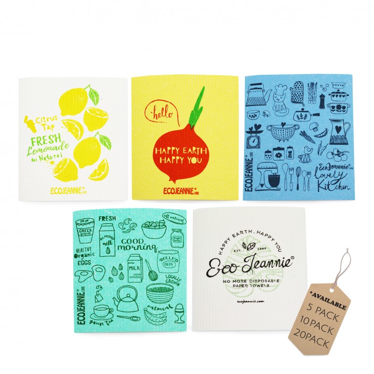Wholesale Bulk EcoJeannie Cellulose Sponge Cloths: 100% Natural Biodegradable Kitchen Towel (Available in 5, 10, and 20 Packs)