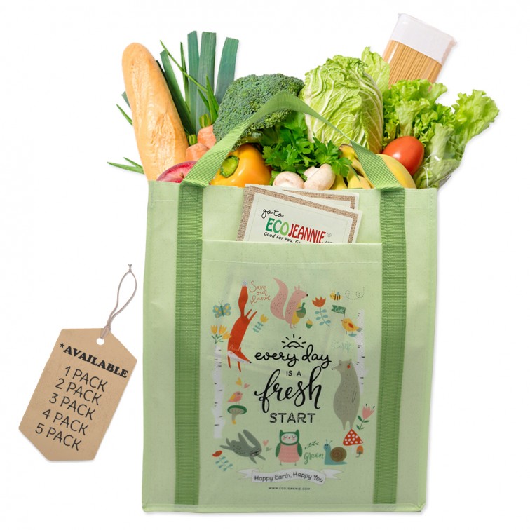 EcoJeannie Eco-friendly Non-woven Reusable Shopping Grocery Tote Bags Made From Minimum 10% Recycled Plastic w/ Bottom Board