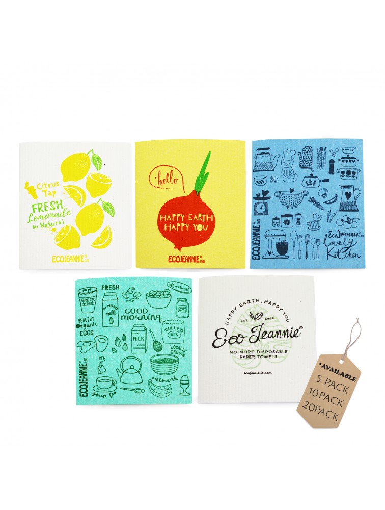Wholesale Bulk EcoJeannie Cellulose Sponge Cloths: 100% Natural Biodegradable Kitchen Towel (Available in 5, 10, and 20 Packs)